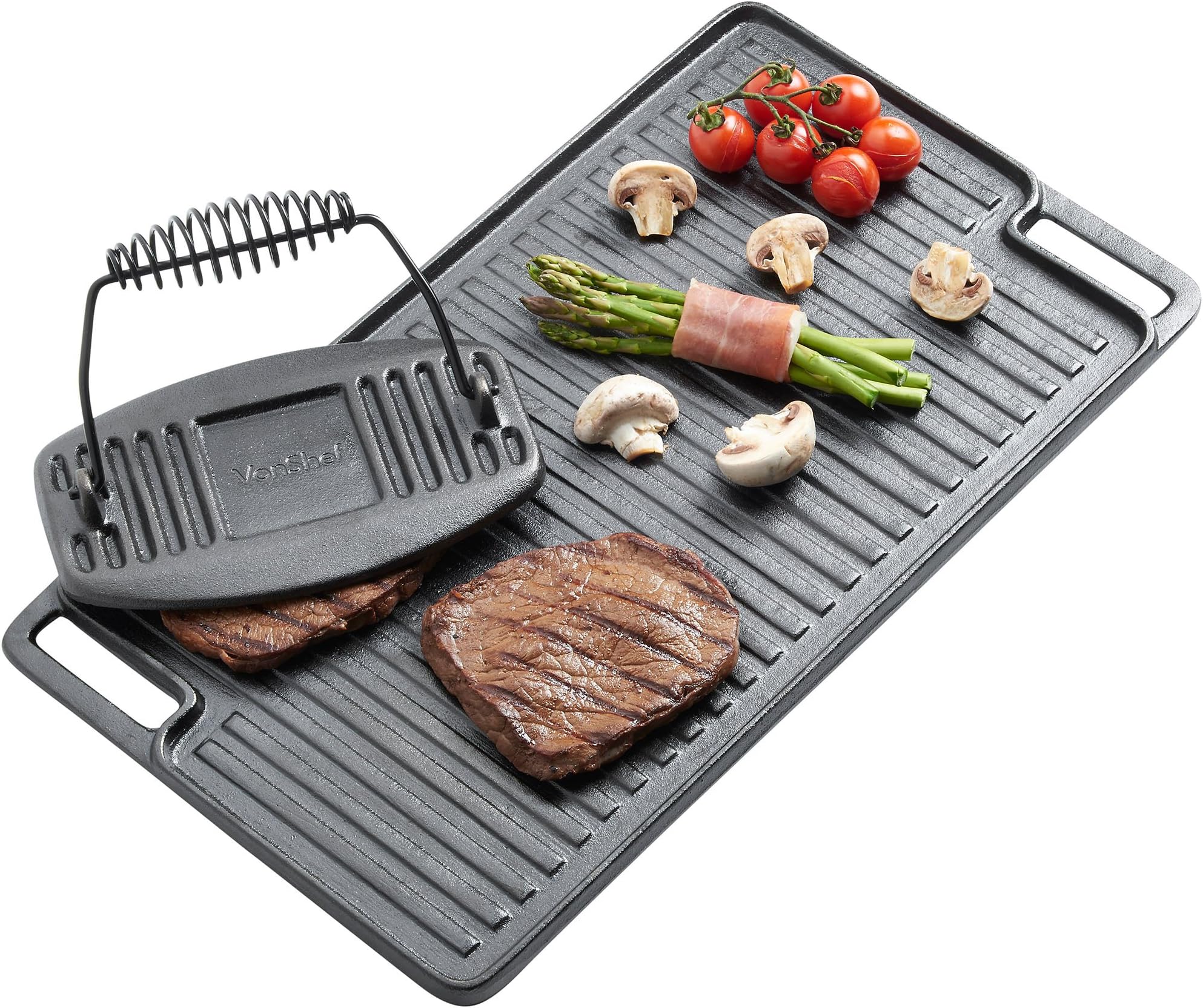 VonShef Black Pre-Seasoned Cast Iron Reversible Griddle Plate & Meat/Bacon Press18 x 10 Inches