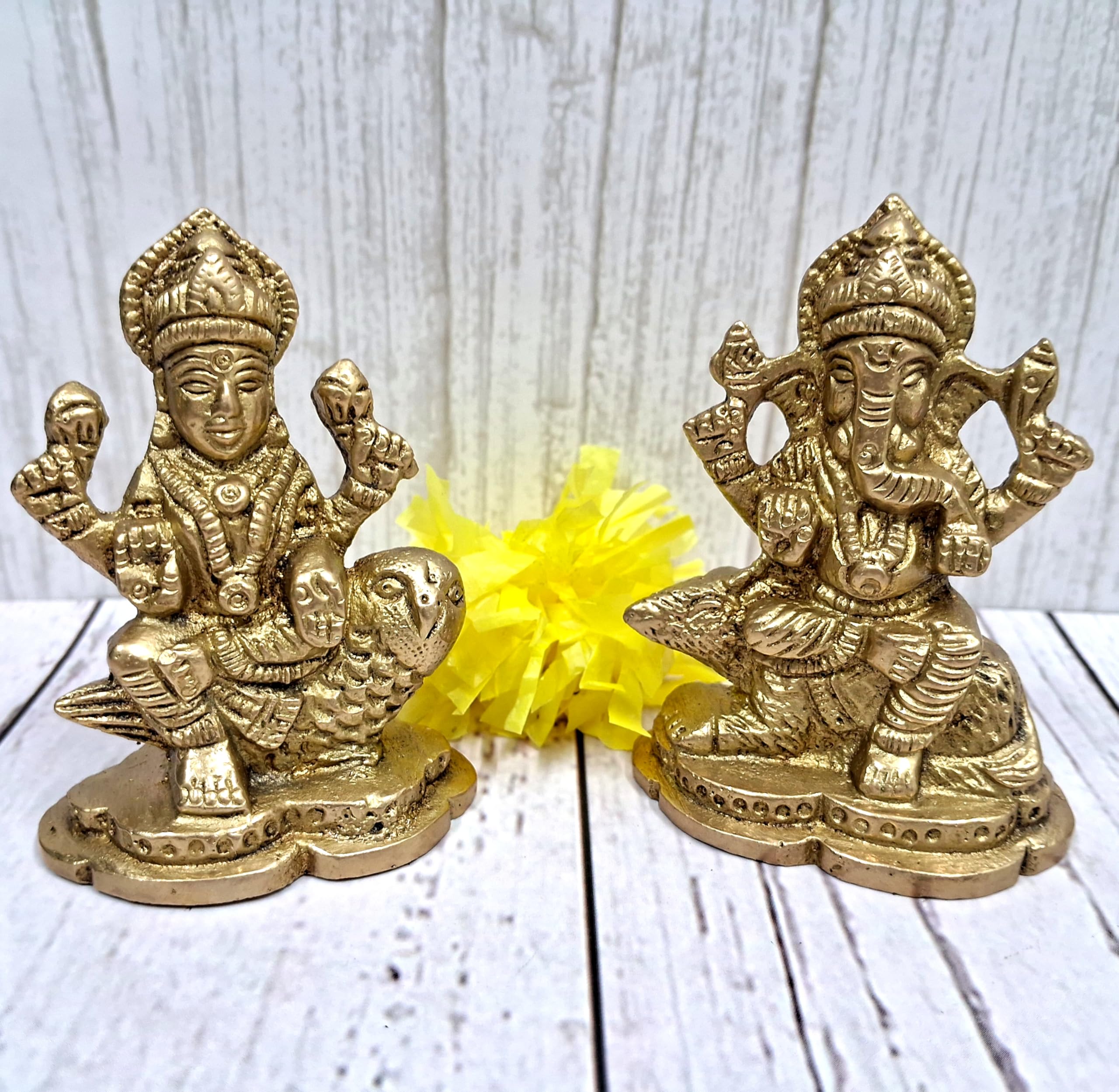 Purpledip Brass Idols Ganesha Laxmi On Respective Mounts Mouse & Owl: Vintage Design Good Luck Collectible Statue Set (12151)