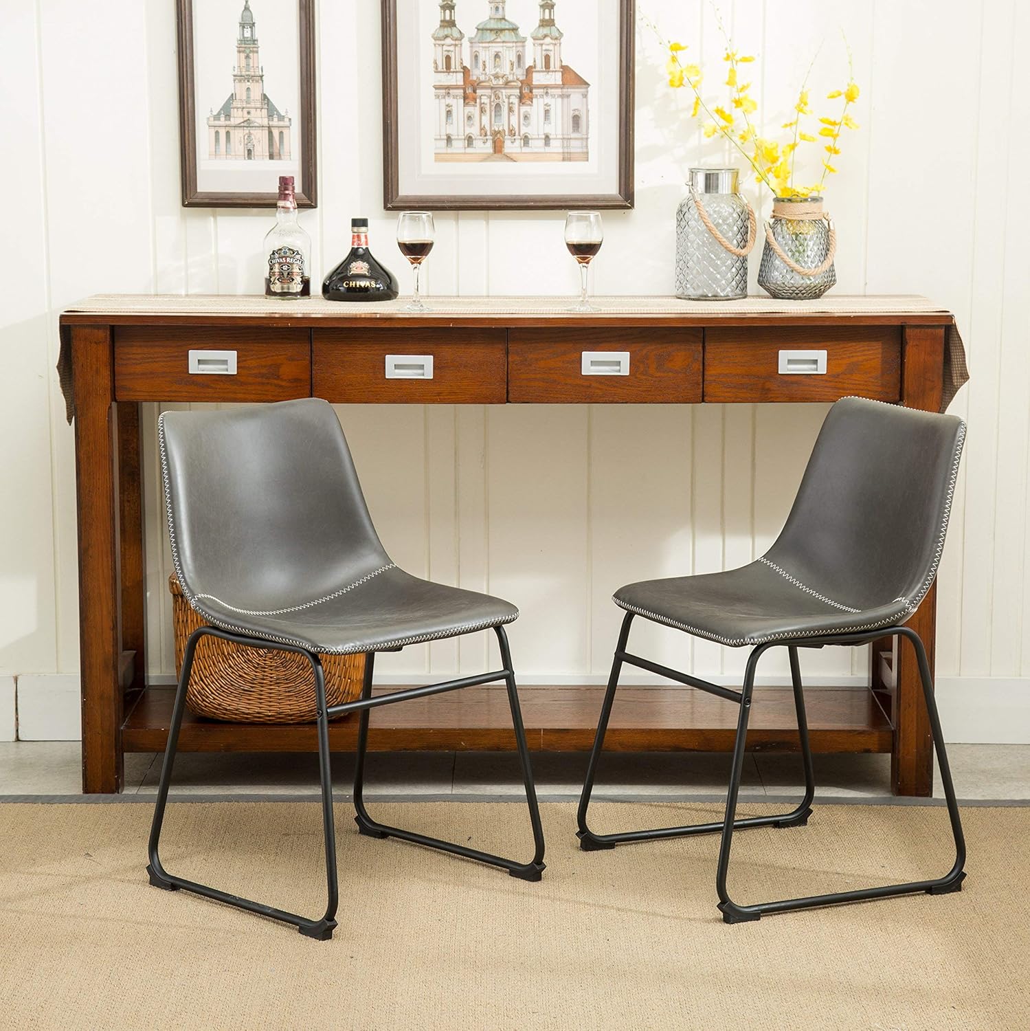 Roundhill Furniture Lotusville Vintage PU Leather Dining Chairs, Antique Gray, Set of 2: Furniture & Decor