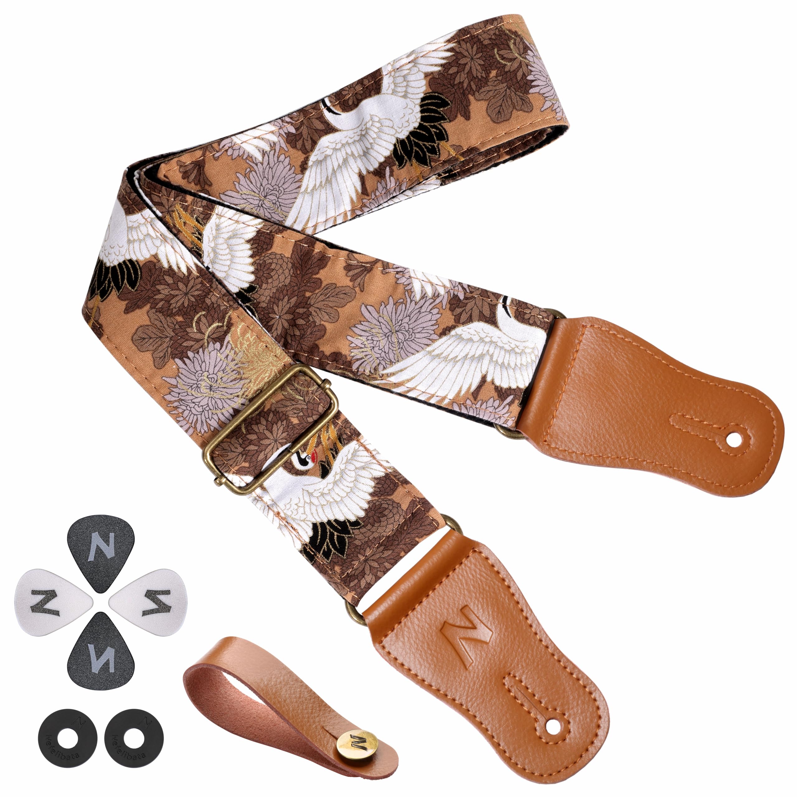 Nefelibata Cotton Guitar Strap for Acoustic Guitar, Ukulele, Free Headstock Strap Adapter, Strap Button, Picks and Locks(White Crane)