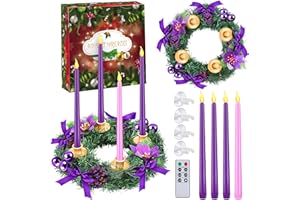 Fovths 12 Inch Christmas Advent Wreath Advent Candle Holder with 4 Flameless Taper Candles Remote Control Christmas Centerpiece Decorations for Christmas Home Church, Purple