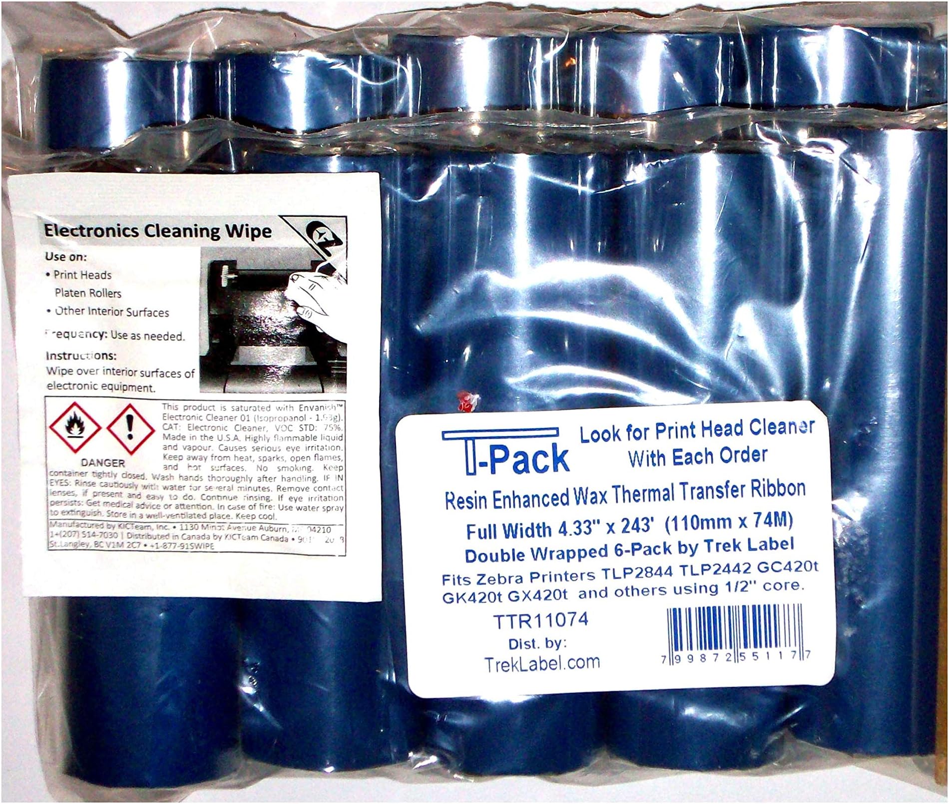 36 Thermal Transfer Ribbons 4.33" 1/2" core for Zebra Desktop TLP2844 TLP2442 GC420t GK420t GX420t. More - Free Print Head Cleaner