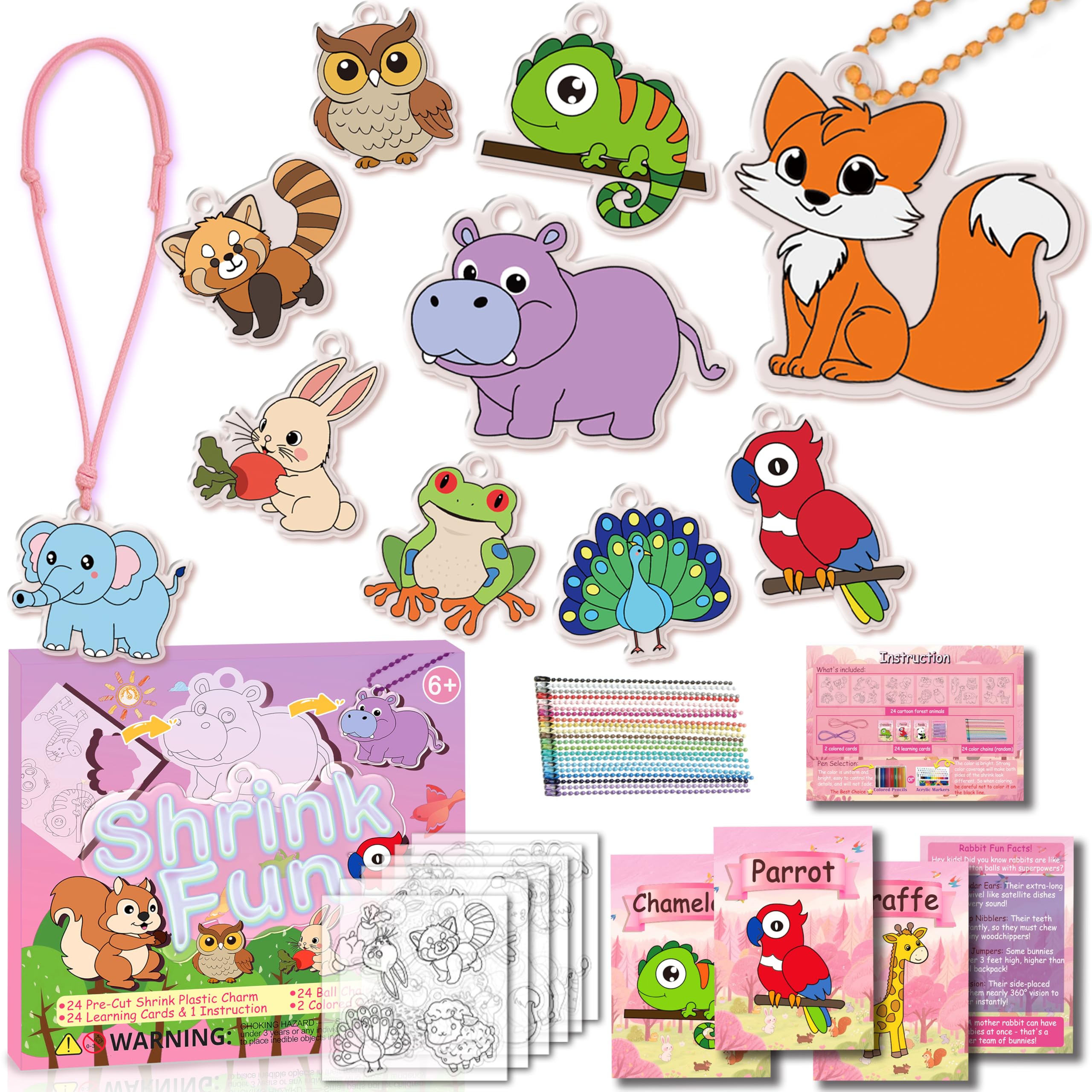 Shrink Fun 75PCS Shrinky Dinks Sheets Craft Kits for Kids, Includes 24 Pre Cut Forest Animal Charms, 24 Learning Cards and More, Keychain&Necklace Making Kit for Girls, Ideal Party Favor Age 6+