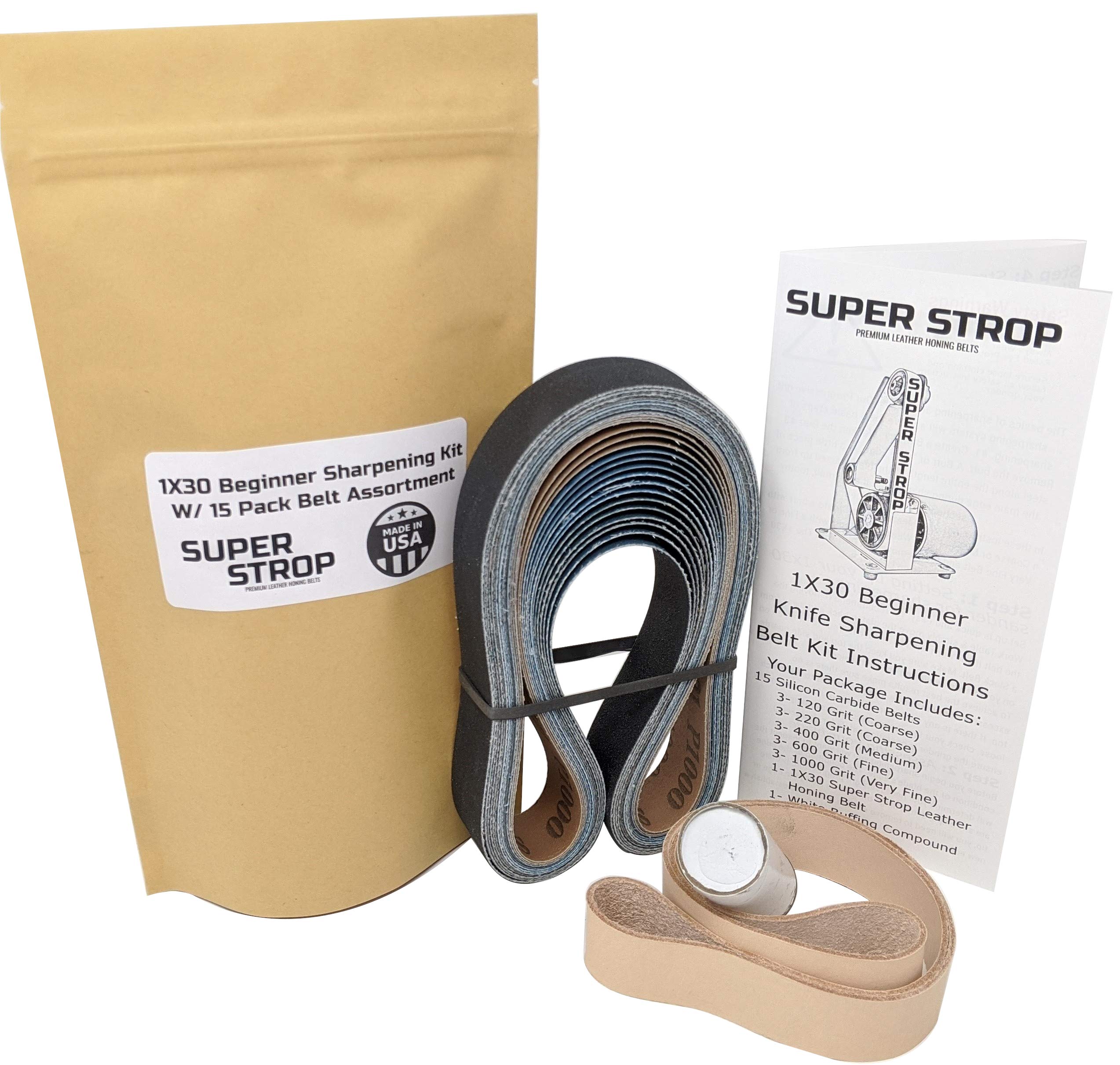 Super Strop 1X30 Beginner Knife Sharpening Belt Kit W/ 15 Pack Sanding Belt Assortment and 1X30 Leather Honing Belt Detailed Instructions Included
