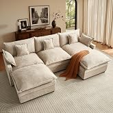 ovios 108" Cloud Couch with Thick Cushion, 3-Seater U-Shaped Modular Sectional Sofas with Ottomans &amp; Pillows, Modern Comfy Deep Seat Chenille Couches for Living Room, Camel
