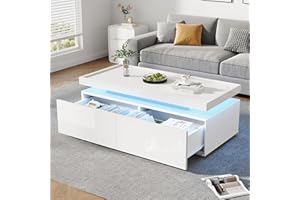 Merax High-Gloss Coffee Table with 2 Drawers, Lights, Modern Centre Table, Sofa Side Table, Tea Table for Living Room, Office