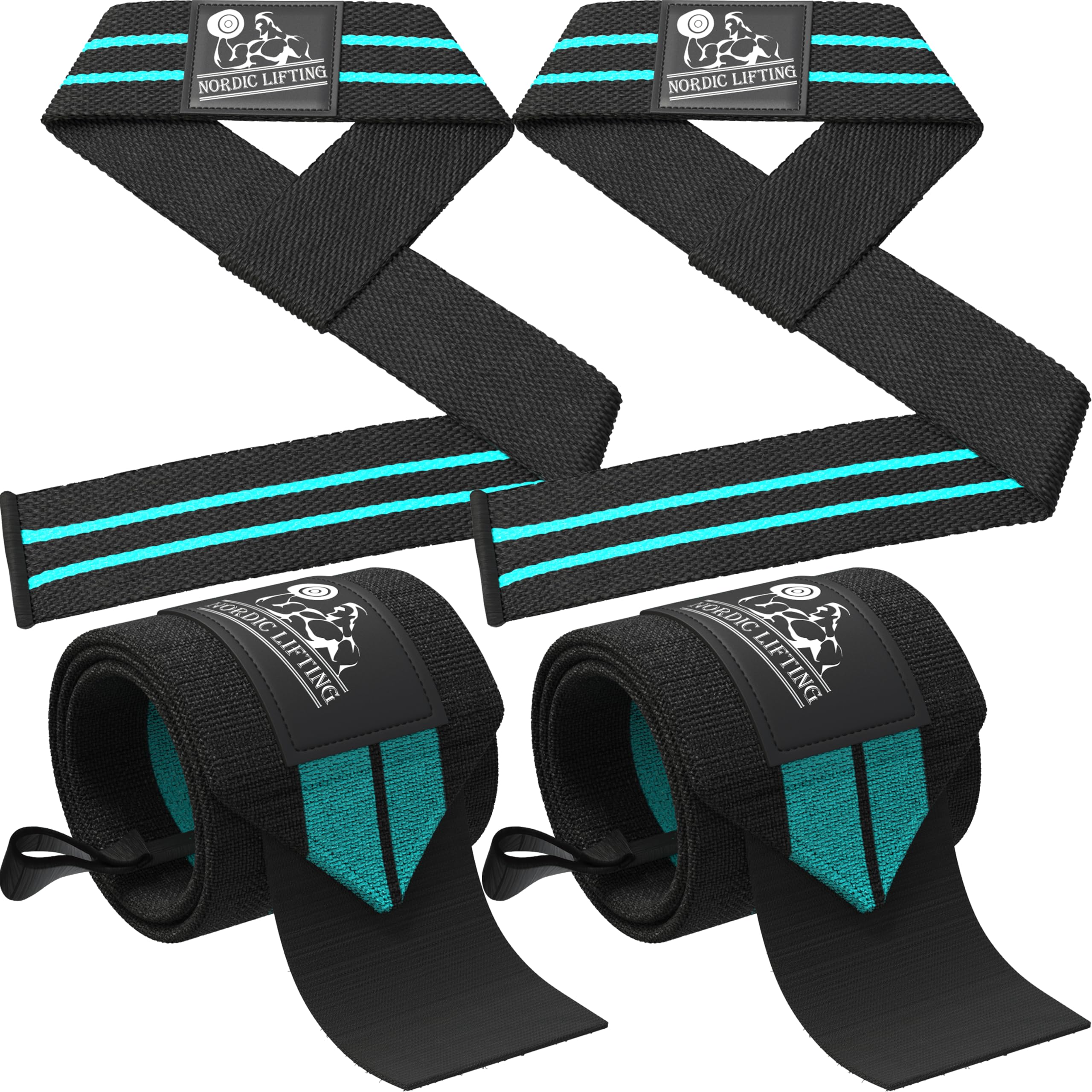 Wrist Wraps + Lifting Straps Bundle (2 Pairs) for Weightlifting, Crossfit, Workout, Gym, Powerlifting, Bodybuilding - Support For Women & Men - Premium Quality Equipment - (Aqua Blue)-1 Year Warranty