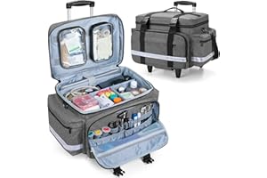 Damero Rolling Medical Bag with Detachable Trolley, Medical Equipment Bag with Removable Pouches and Dividers, First Aid Resp