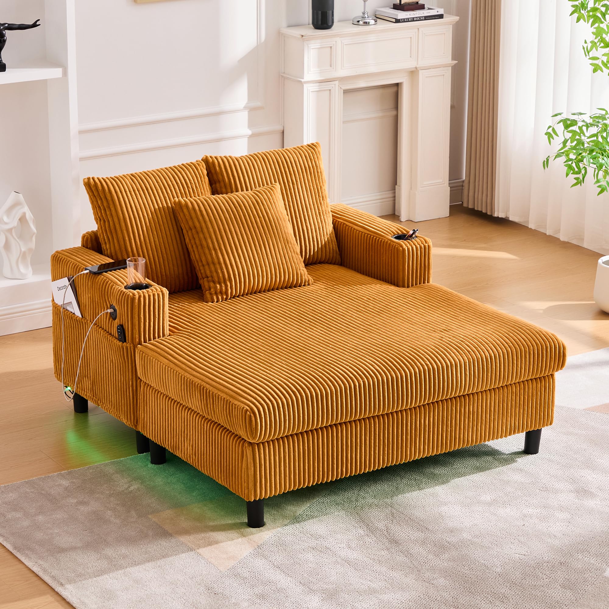 Photo 1 of ****Partial Set, ARMS AND PILLOWS ONLY***
Modern Oversized Recliner Sofa with USB & Type-C Charging,RGB LED Light,Cup Holders,Side Storage Pocket,Corduroy Deep Seat with 3 Pillows,Reclining Chaise for Living Room,Bedroom,Mustard Yellow