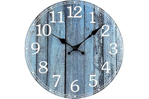 Plumeet Wall Clock, 12'' Frameless Wooden Wall Clocks with Silent Quartz Movement, Rustic Coastal Country Village Clocks Decorative for Kitchen Bedroom Living Room, Blue