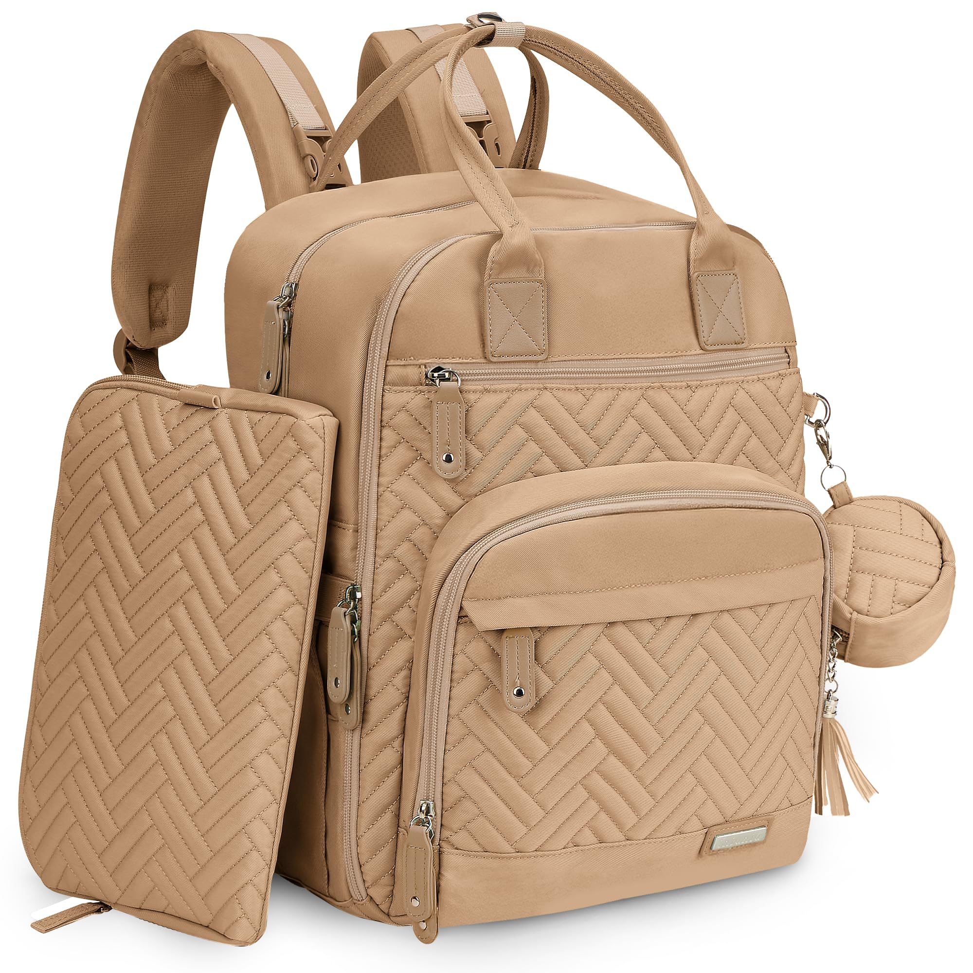 iniuniu Diaper Bag Backpack, 4 in 1 kit Large Unisex Baby Bags for Boys Girls, Waterproof Travel Back Pack with Diaper Pouch, Washable Changing Pad, Pacifier Case and Stroller Straps, Light Khaki Image