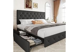 Allewie Upholstered King Size Platform Bed Frame with 4 Storage Drawers and Headboard, Diamond Stitched Button Tufted, Mattress Foundation with Wooden Slats Support, No Box Spring Needed, Dark Grey