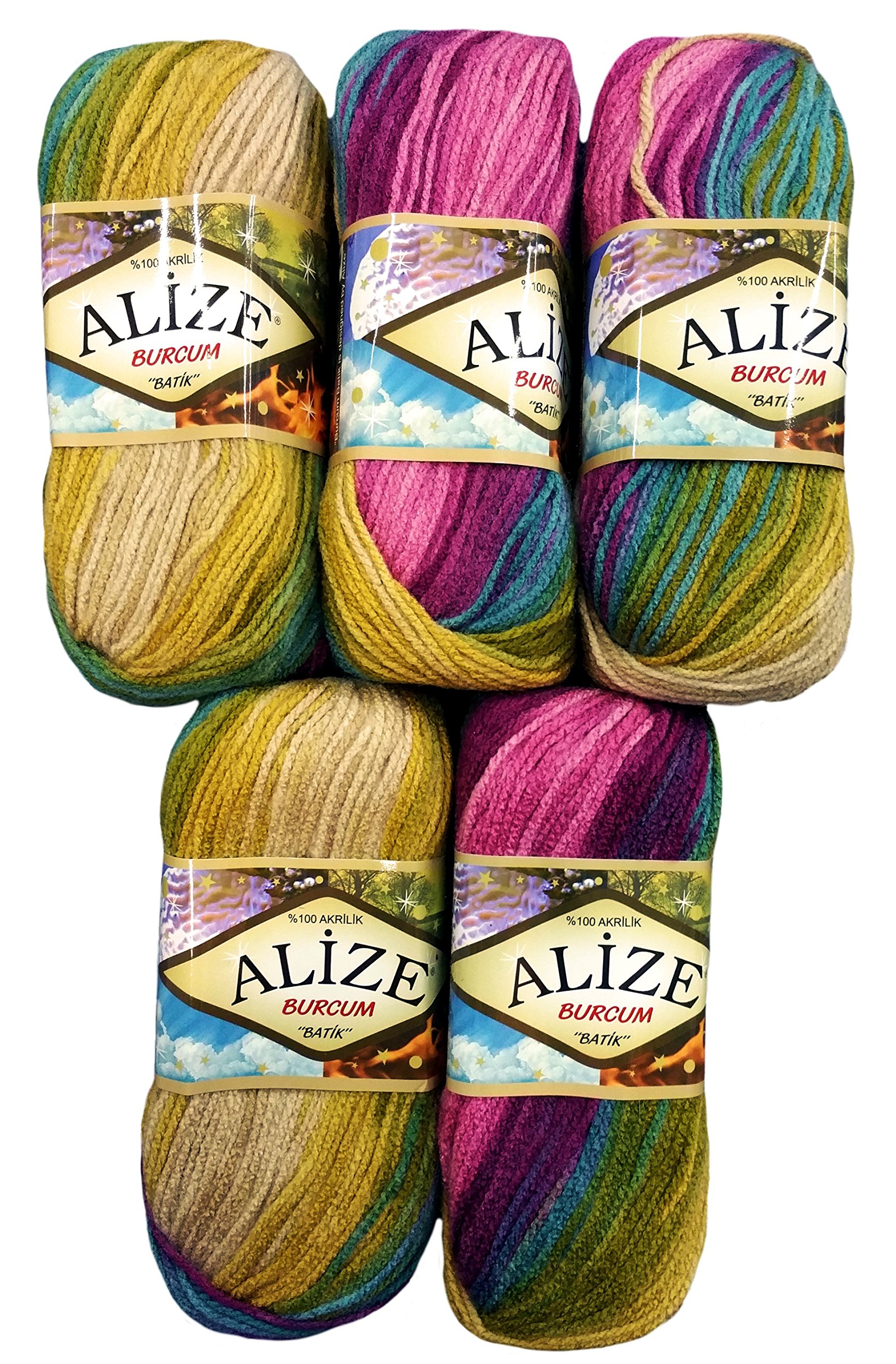 Alize Burcum Batik 5 x 100g Multi Coloured Wool with Colour Gradient 500g Knitting Wool (Purple, Lilac, Green, Beige 4341)