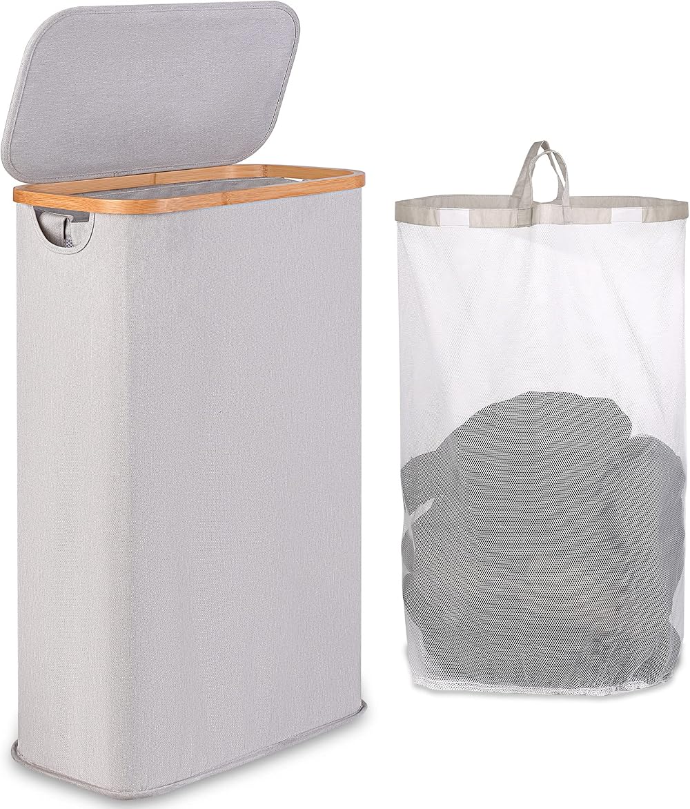 iEGrow 65L Slim Laundry Basket with Removable Inner Bag Bamboo Handles Lid