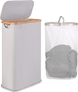 iEGrow 65L Slim Laundry Basket with Removable Inner Bag Bamboo Handles Lid