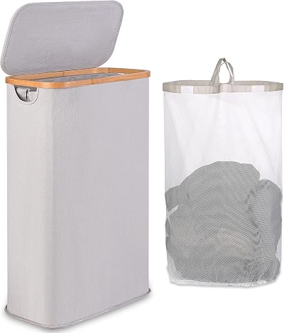 iEGrow 65L Slim Laundry Basket with Removable Inner Bag Bamboo Handles Lid