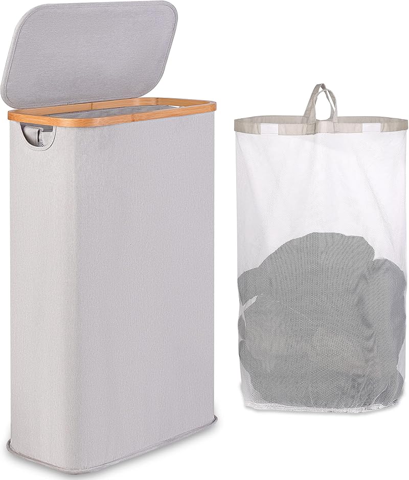iEGrow 65L Slim Laundry Basket with Removable Inner Bag Bamboo Handles Lid