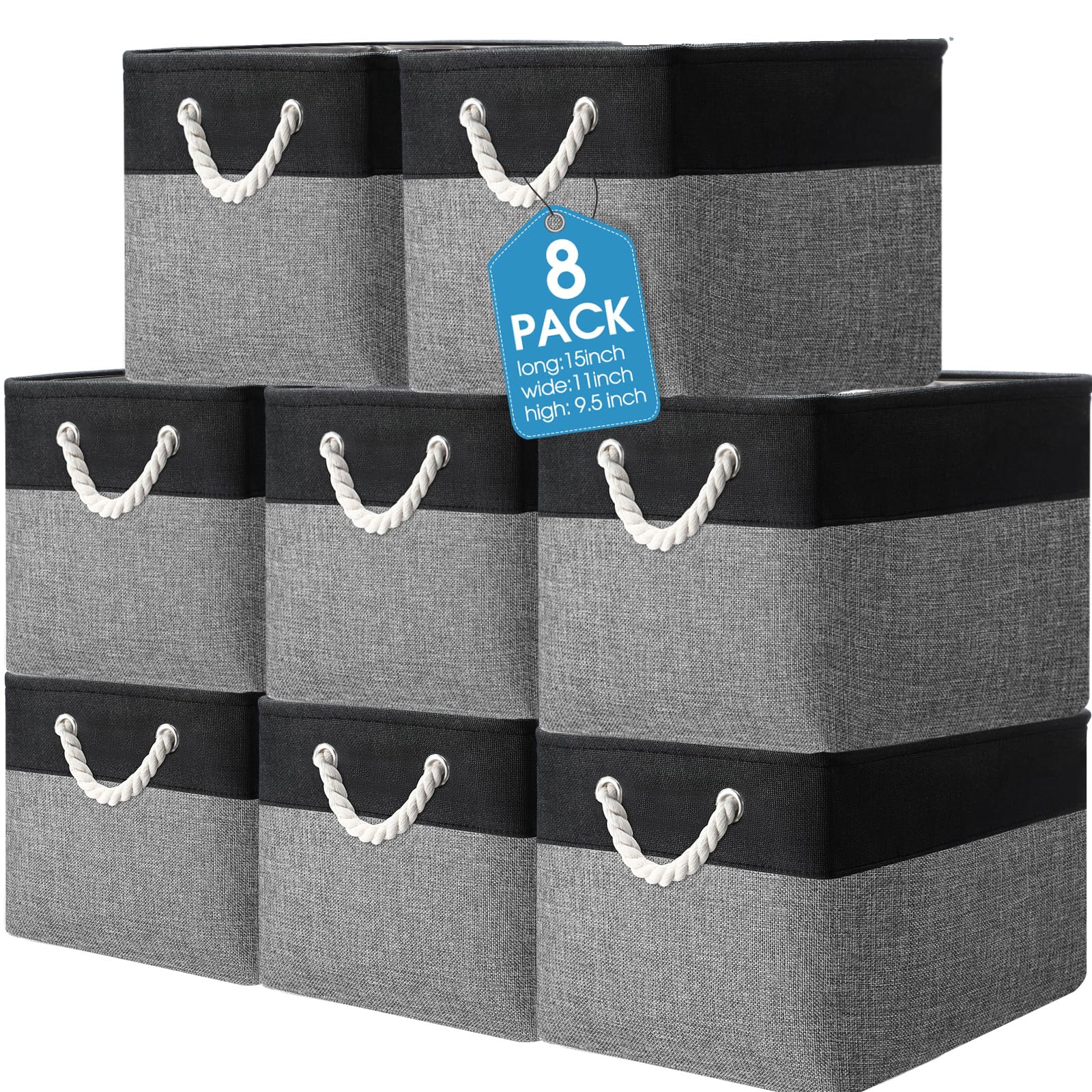 Photo 1 of meekoo 8 Pack Collapsible Storage Bins Fabric Storage Bins Polyester Fabric Baskets with Handles Linen Closet Organizer for Shelf Home Closet Towels Toys(15 x 11 x 9.5 in,Black Gray)