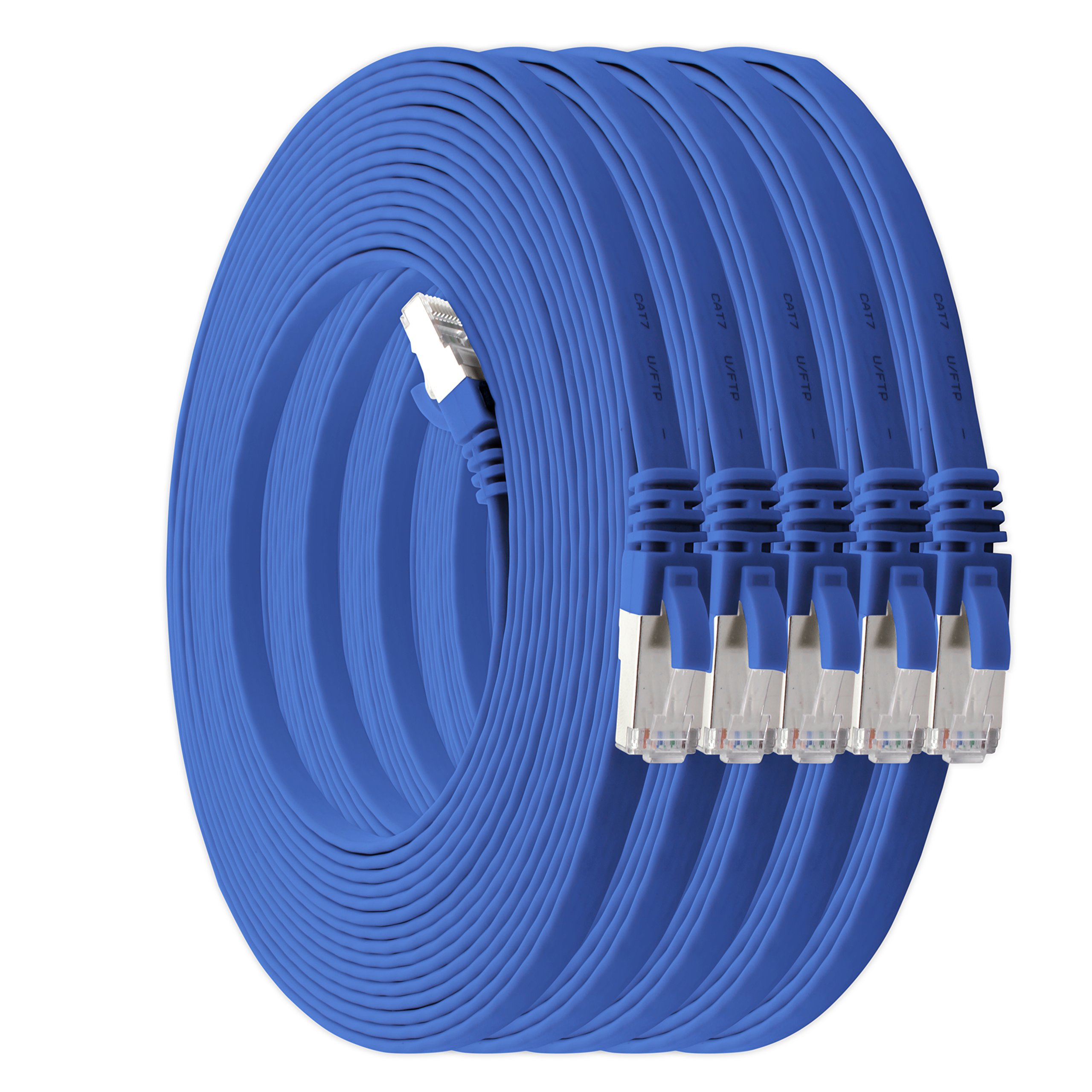 1aTTack.de 7.5 m - blue - pack of 5 Cat7 flat cable network cable Cat 7 raw cable Gigabit Lan (10Gbit/s) ribbon cable installation cable patch cable flat slim Rj 45 plug Cat6a