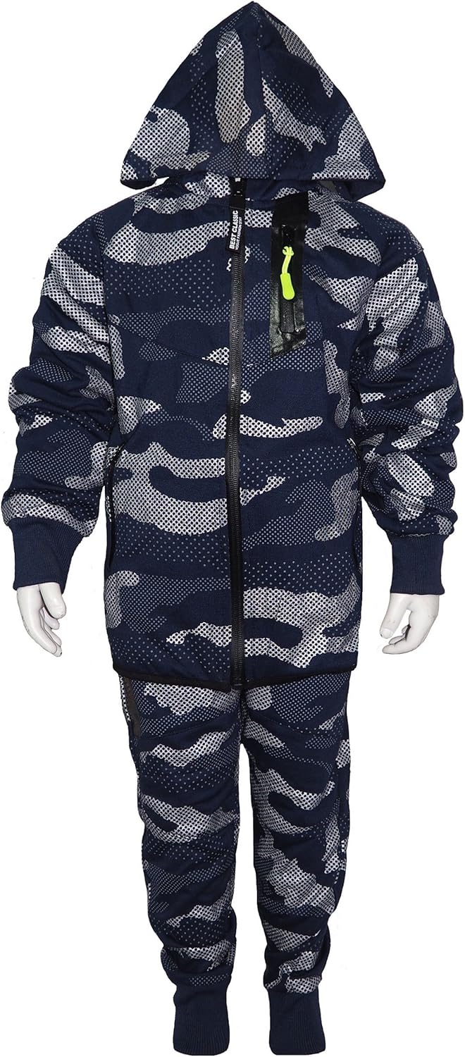 Boys Camouflage Neon Zipper Two Piece Camo Style Army Tracksuit Hooded Jacket and Jogging Bottom 