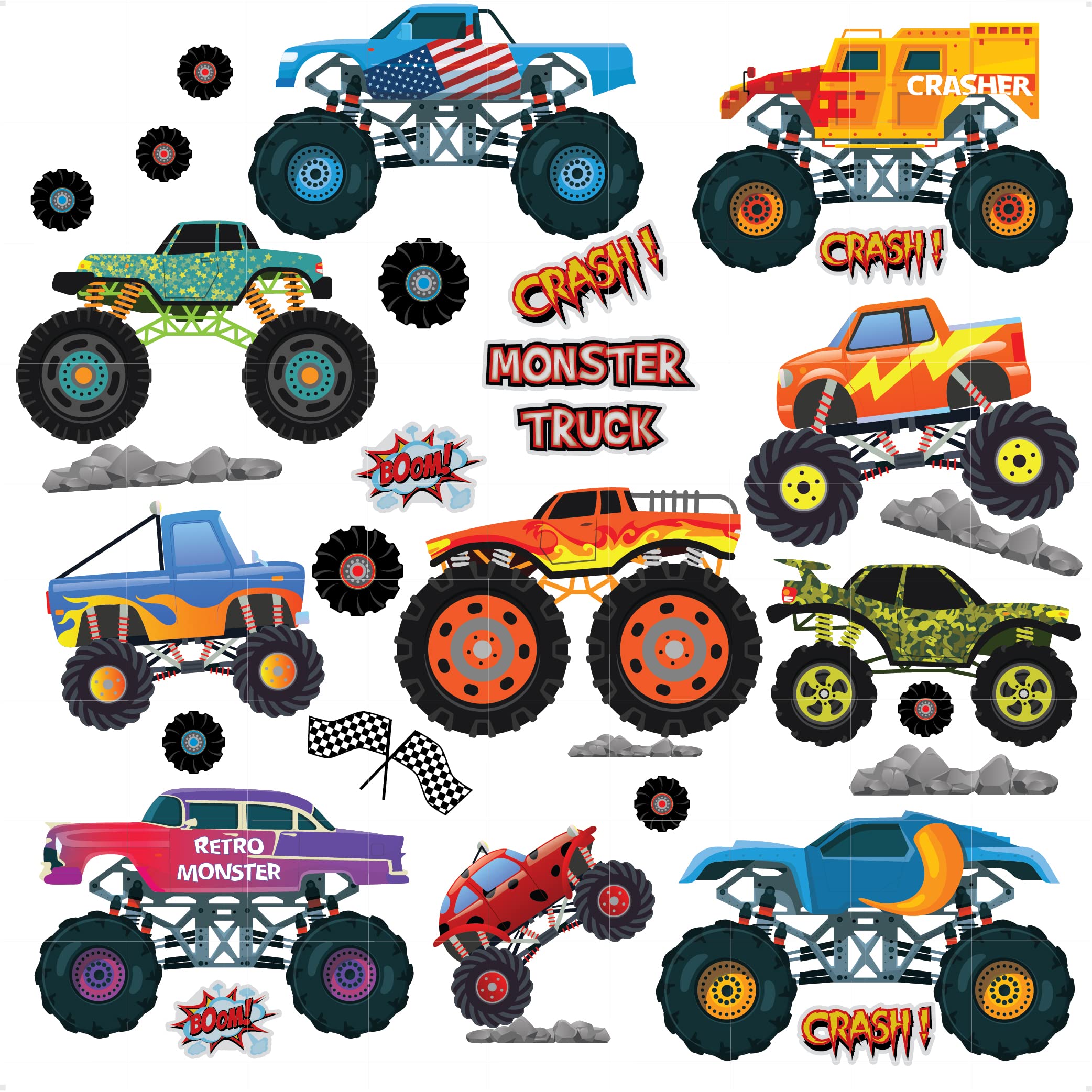 STICKERSMAGIC Monster Truck Wall Stickers for Boys Bedroom Monster Jam Trucks Vehicles Cars Wall Stickers Toddler Boy Room Play Room Nursery Racing Cars Transport Wall Stickers