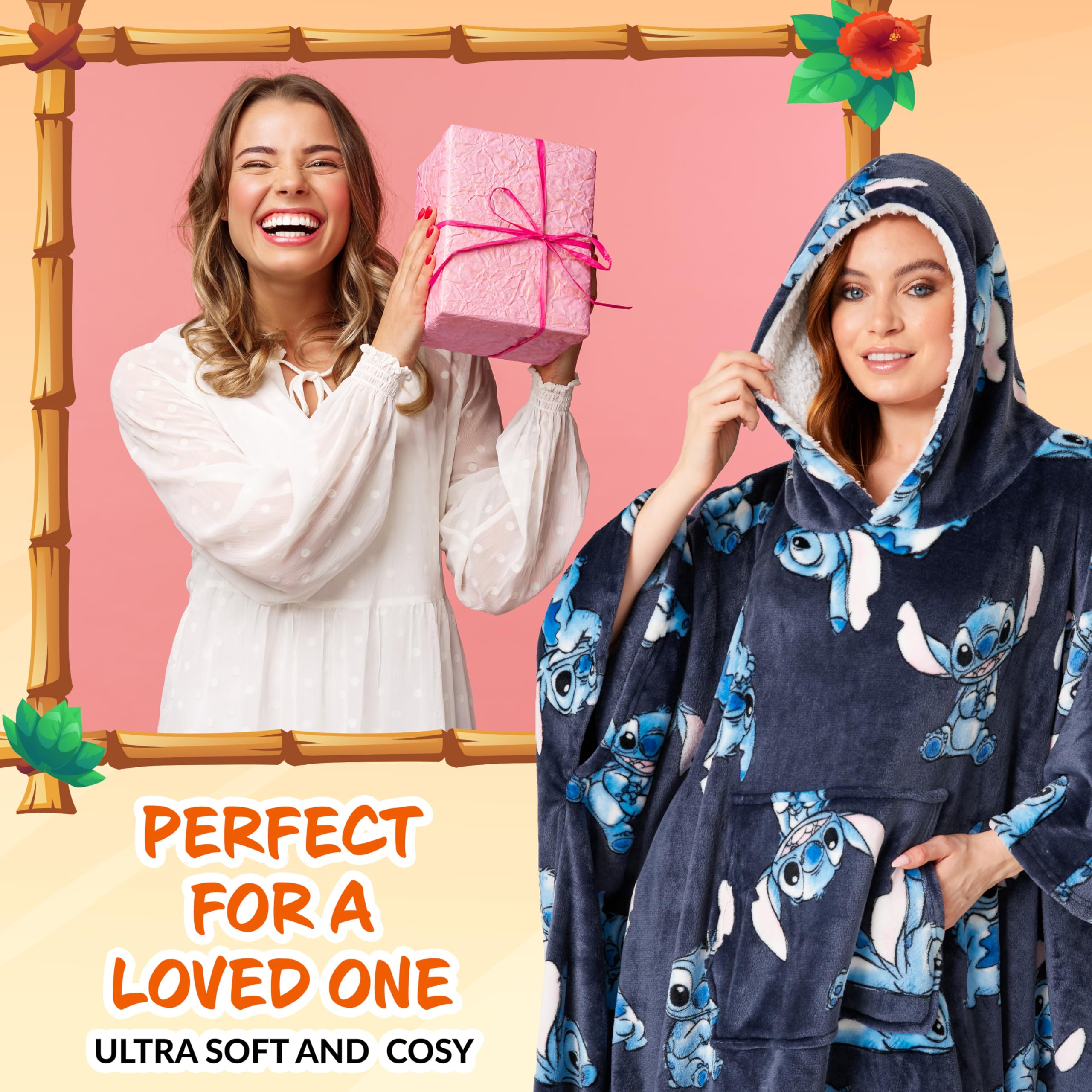 Disney Stitch Blanket Hoodie for Women and Teenagers - Cosy Oversized Fleece Poncho One Size Sherpa Hood - Stitch Gifts