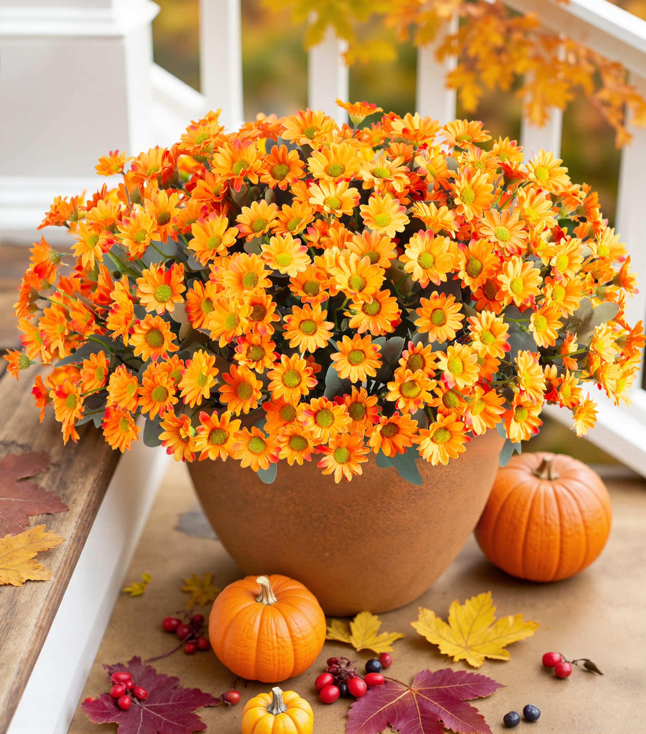 Photo 1 of Daisy Artificial Flowers for Outdoors Fall Autumn Decoration, 6 Bundles Fake Mums Orange Silk Flowers for Outside Look Real UV Resistant Fake Plants Faux Flowers for Planter Front Door Home Indoor Urn
