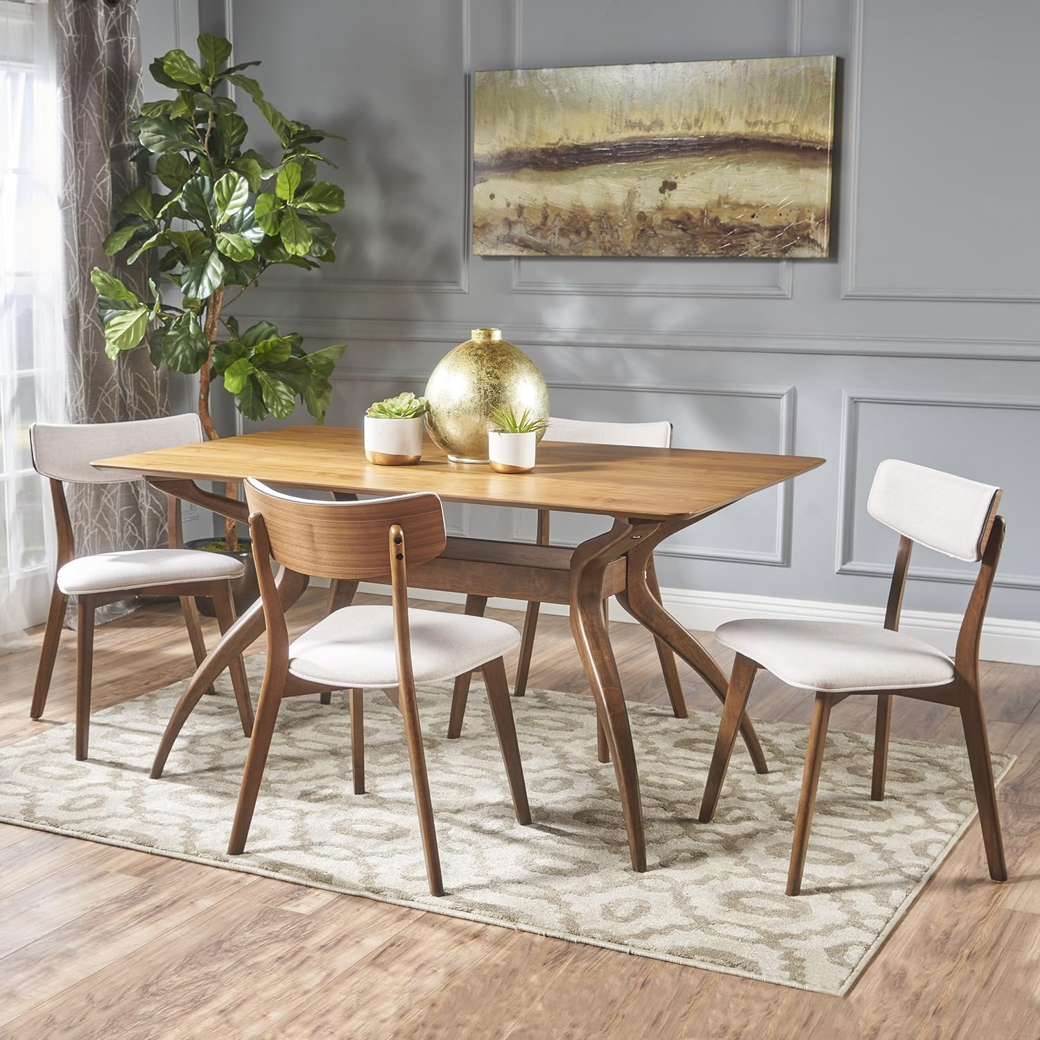 Christopher Knight Home Nerron Mid Century Finished 5 Piece Wood Dining Set Fabric Chairs, Natural Walnut/Light Beige
