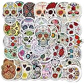 50pcs Halloween Sugar Skull Stickers, Dia de Los Muertos Mexican Day of Dead Stickers Decals, Candy Skull Stickers for Laptop Water Bottle Luggage Bike Computer