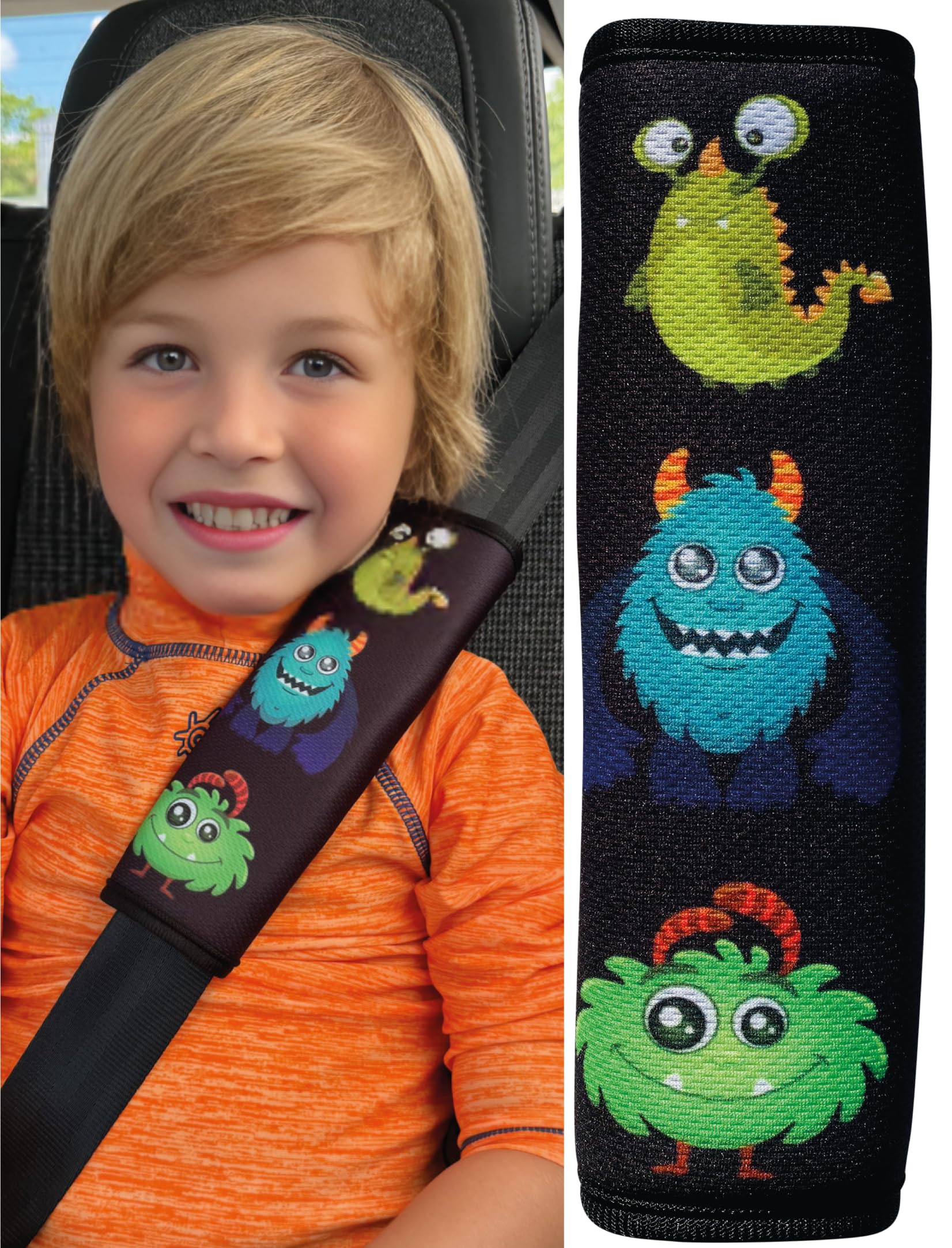 HECKBO 1x Kids Car Seat Belt Pads Seat Belt Protectors - Monster - Seat Belt Pads for Kids and Babies- Ideal for Any Seat Belt Car Booster Seat Kids Bicycle