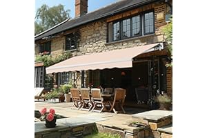 Yardenaler 12x10 FT Manual Retractable Patio Awning, Outdoor Window Sun Shade Shelter with Crank Handle & Canopy for Deck, Garden, Backyard, Balcony, Beige