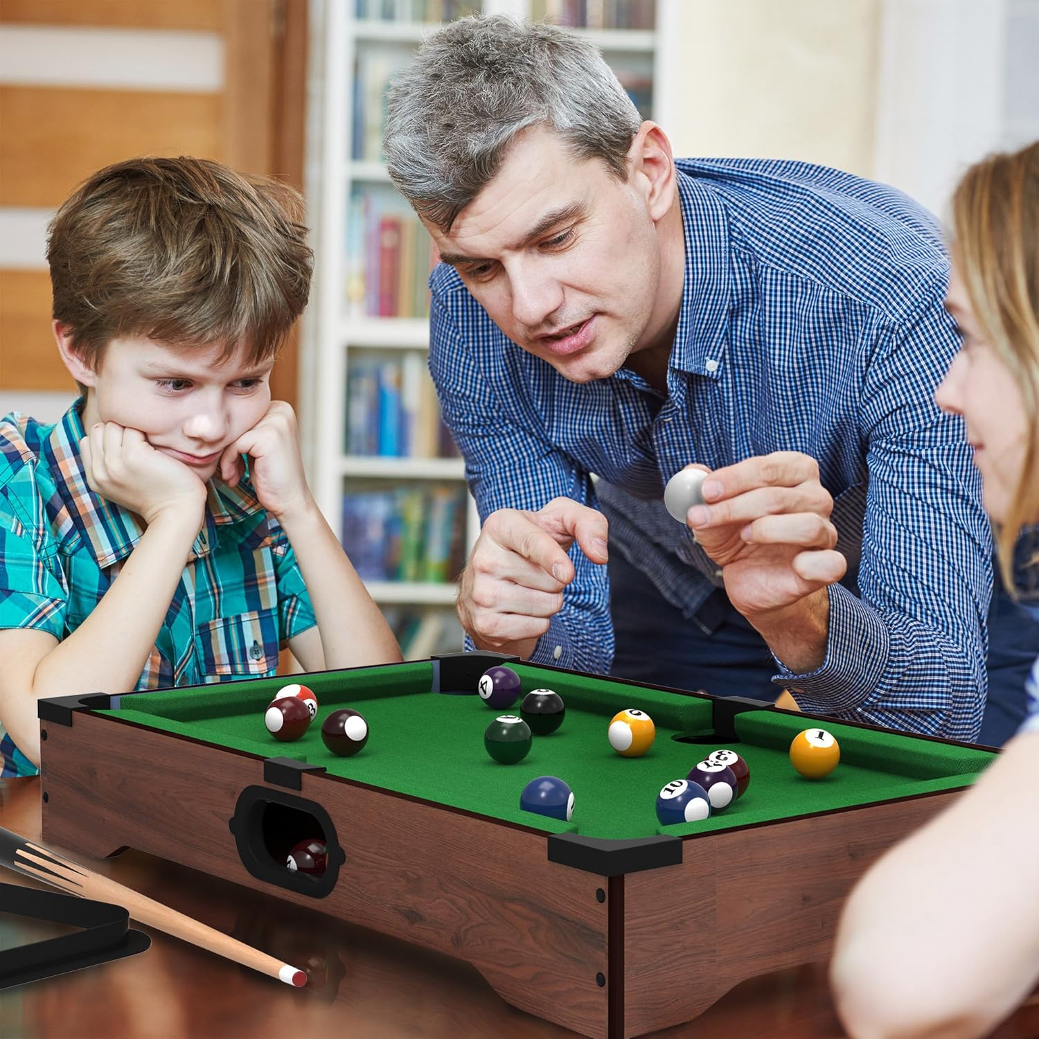 Mini Tabletop Pool Set- Billiards Game Includes Game Balls, Sticks, Chalk, Brush and Triangle-Portable and Fun for the Whole Family by Hey! Play!: Toys & Games