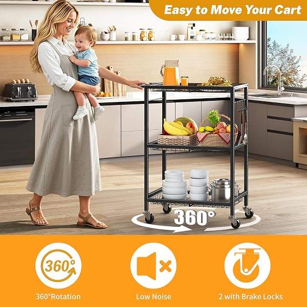 3-TIER ROLLING CART, SPACE-SAVING KITCHEN CART WITH 150LBS CAPACITY, BLACK STORAGE CART WITH 2 LOCKABLE WHEELS FOR KITCHEN ISLAND, RESTAURANT, GARAGE, BACKYARD（NO WOODEN BOARDS, LIGHTWEIGHT VERSION）