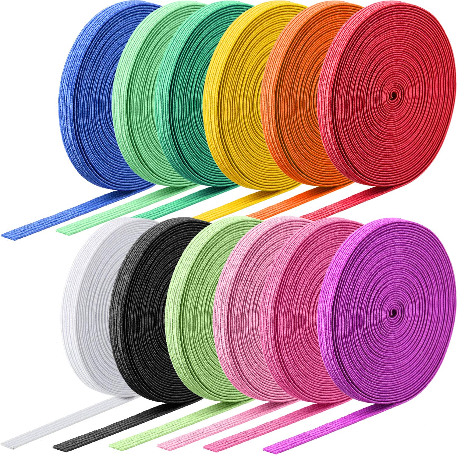 12 Rolls Braided Elastic Bands Colorful Elastic Rope/Elastic Cord Heavy Stretch Strap Cord Elasticity Knit Flat Elastic Band for Sewing Crafts DIY, Bedspread, Cuff (1/4 Inch Wide 53 Yard Long)