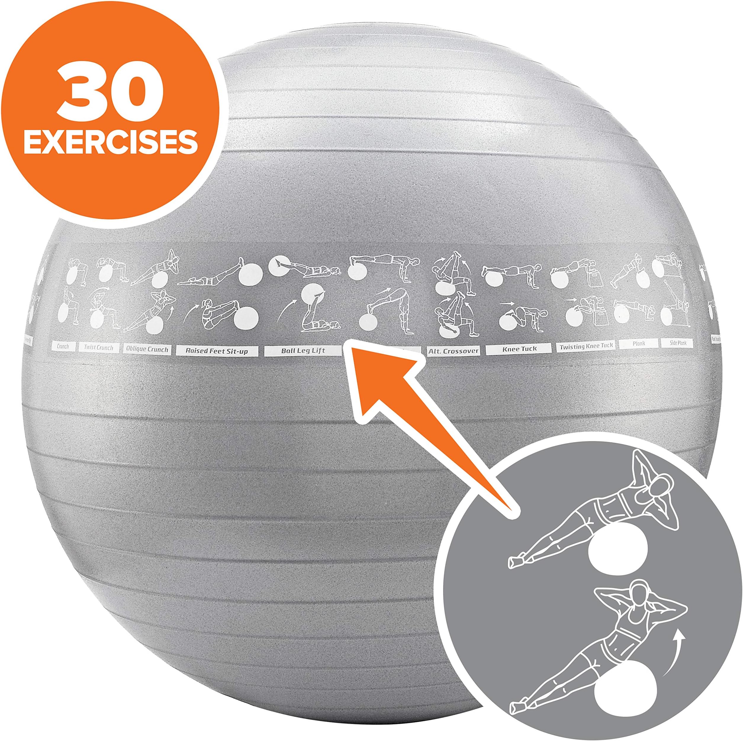 Exercise Ball w/30 Exercises Printed On Silver/Grey Stability, Yoga, Home Gym Ball, Burst Resistant, 55cm 65cm 75cm Includes Foot Pump :: Tone & Tighten Abs, Core and Upper/Lower Body for Men & Women
