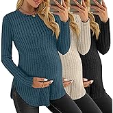 JoyMotion 3 Pack Women's Maternity Shirts, Ribbed Long Sleeve Pregnancy Sweaters Curved Hem Split Side Crew Neck Tunic Tops