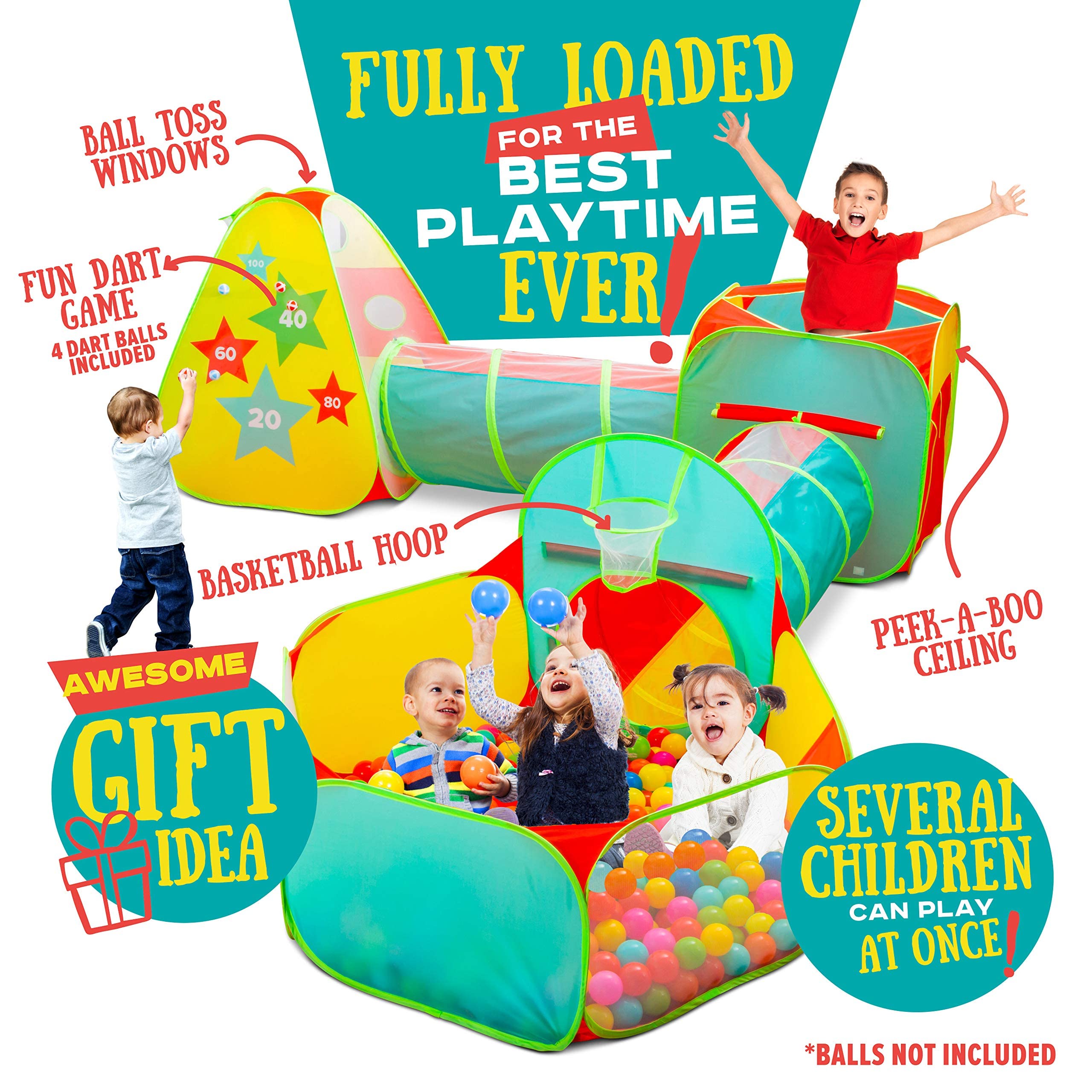 5pc Kids Play Tent for Toddlers with Ball Pit, Crawl Tunnel, Indoor & Outdoor Playhouse, Jungle Gym, Toys for Boys & Girls, Includes Dart Balls, Teepee & Basketball Hoops