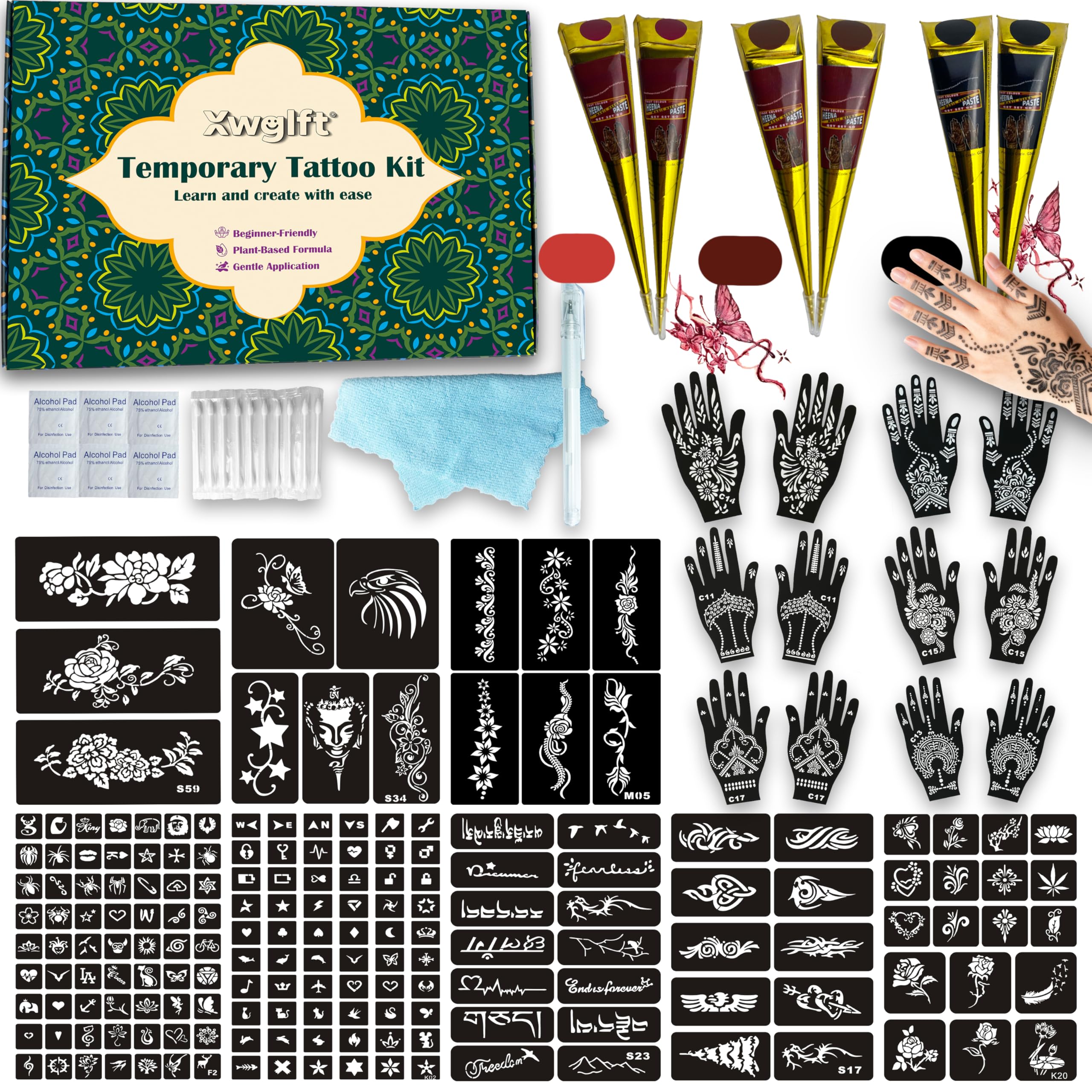 Photo 1 of 191 PCS Temporary Tattoo Stencils Kit, 6 Tattoo Ink Cones 3 Color (Black, Brown, Dark Red) & Tattoo Pen - Temporary Tattoo Kit, DIY Body Art | Perfect for Kids, Teens, Beginners, Family Fun & Parties