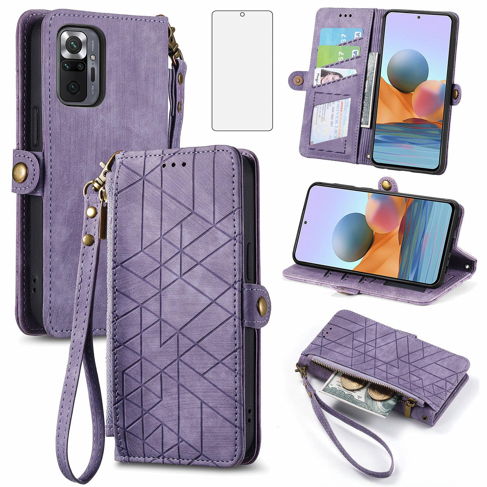 Asuwish Phone Case for Xiaomi Redmi Note 10 Pro Wallet Cover with Tempered Glass Screen Protector and Leather Flip Zipper Credit Card Holder Cell Accessories Redme Note10 10Pro Max Women Men Purple
