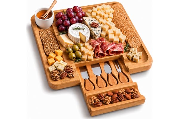 NutriChef Charcuterie Board Set, 100% Bamboo Cheese Tray Includes Sliding Drawer with 4 Knives & Condiment Mini Bowl, Gift Se