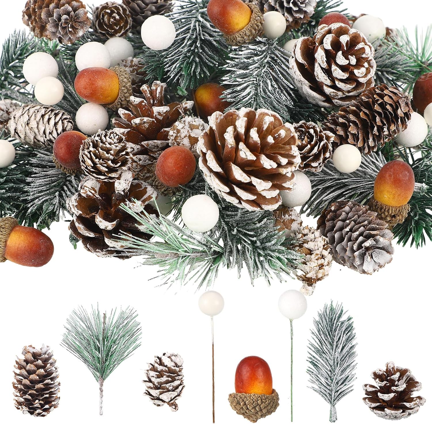 Vase Fillers - Zeyune 180 Pcs Christmas Pine Cones Holly Berry Pine Branch Set Christmas Vase Filler Wreath Decorations Frost Berry Assorted Sizes for DIY Crafts Home Tree Gift Supplies Winter Xmas Party (Frosted)