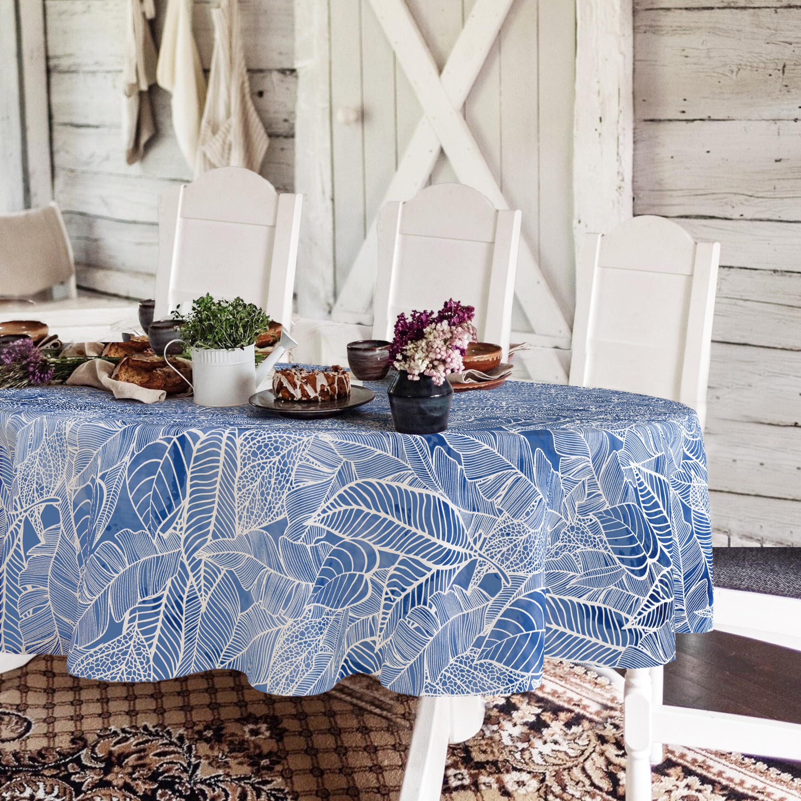 Yighty Oval Blue and White Tablecloth 60x84inch, Blue Leaf Country Tablecloth Classic French Modern Country Farmhouse Decoration, Suitable for Dining Room and Kitchen. Indoor and Outdoor Dining — image 1