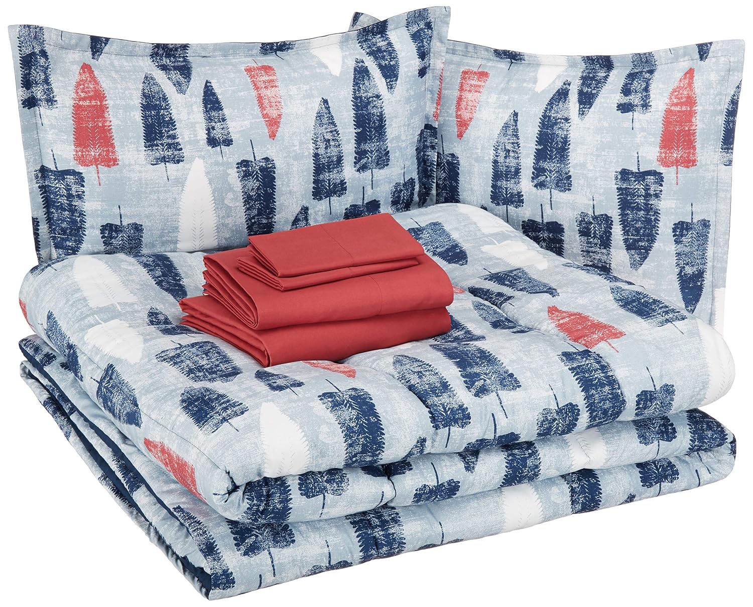 AmazonBasics Easy-Wash Microfiber Kid's Bed-in-a-Bag Bedding Set - Full / Queen, Red and Blue Feathers