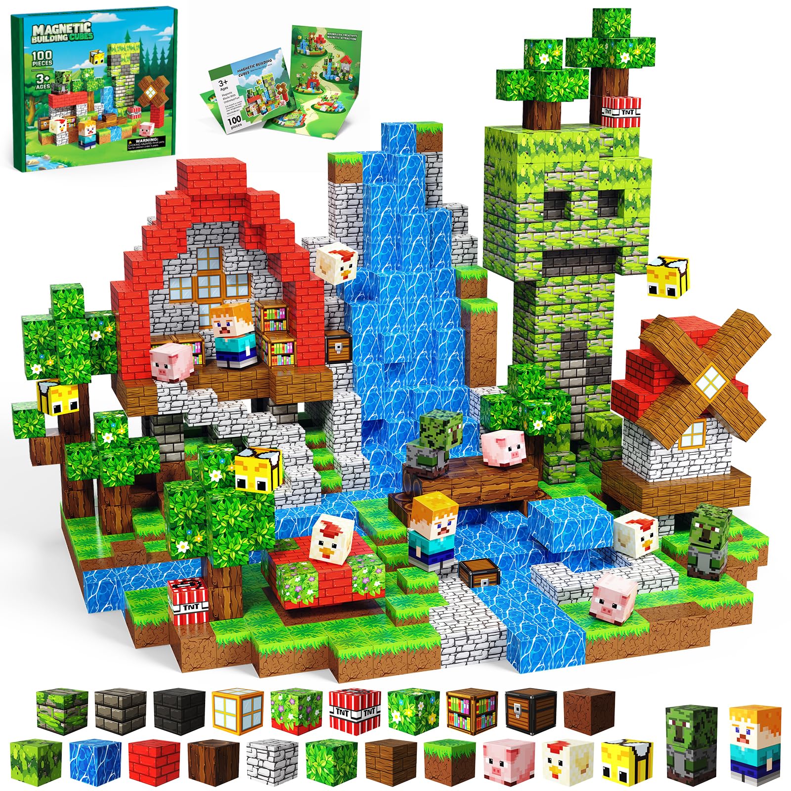 SSAWER Magnetic Blocks, 100PCS Magnetic Building Blocks, Stacking Magnets for Kids, STEM Constructions Magnet Blocks for Boys Girls Age 3+, Christmas Birthday Gifts(Green Forest) — image 1