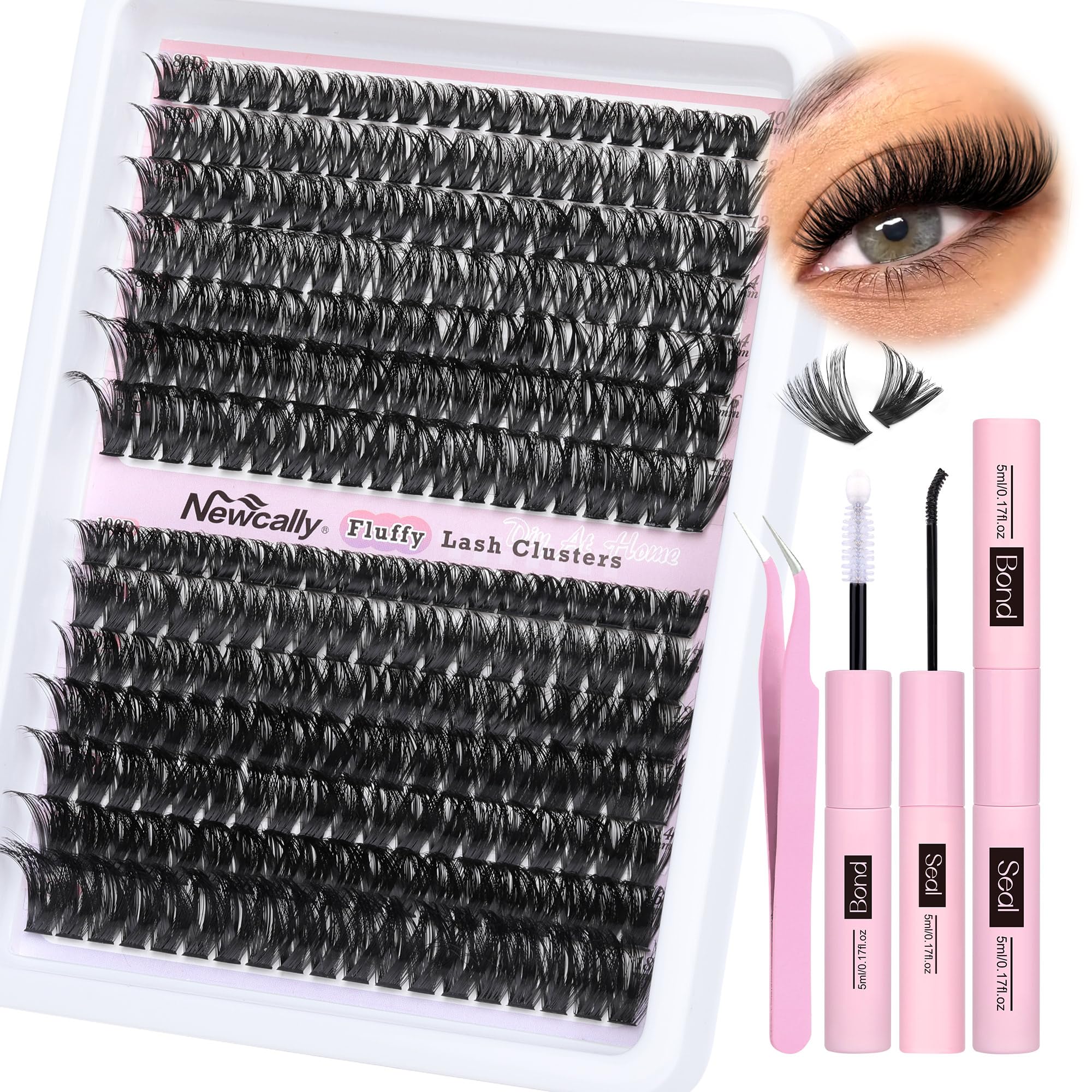 Fluffy Lash Clusters Kit Thick Eyelash Clusters Wispy Individual Eyelashes Kit DIY Lash Extension Kit 80D+100D D Curl 10-18MM Eyelash Extension with Lash Bond and Seal by Newcally — image 1