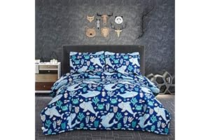 ARL HOME Kids Bedspread Coverlet Set Twin Size Kids Quilt Boys Shark Quilt Ocean Bedding Kids Coverlet Cute Animal Bedding Set Tropical Beach Reversible Lightweight Bedspreads Cartoon Shark Quilt Set Navy Blue