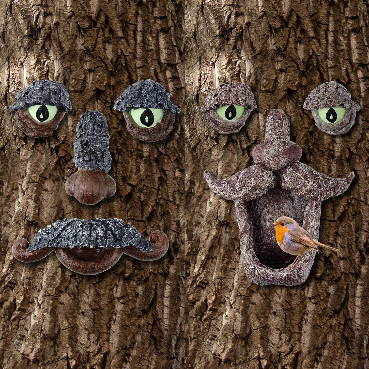 2 Pieces Tree Faces Decor Outdoor Bird Feeder Man Shape Bird Feeder with Mustache Hook Tree Garden Statues for Garden Decor Yard Art