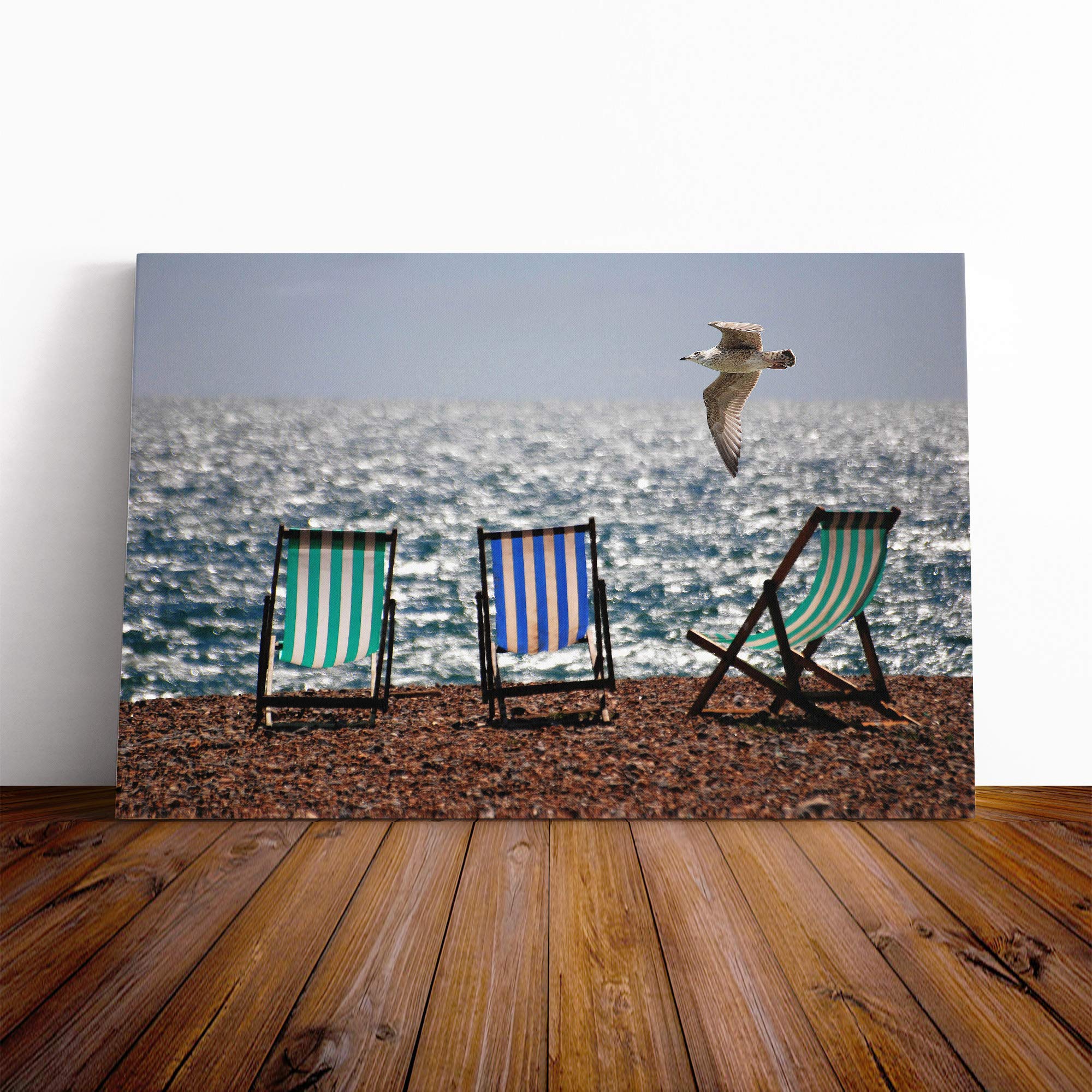 Seascape Seagull Brighton Beach Deckchairs Canvas Print | Gallery Wrapped 30mm Frame Wall Art | 20x14 inches | Ready to Hang | Modern Seascape Picture | Living Room Bedroom Lounge Office