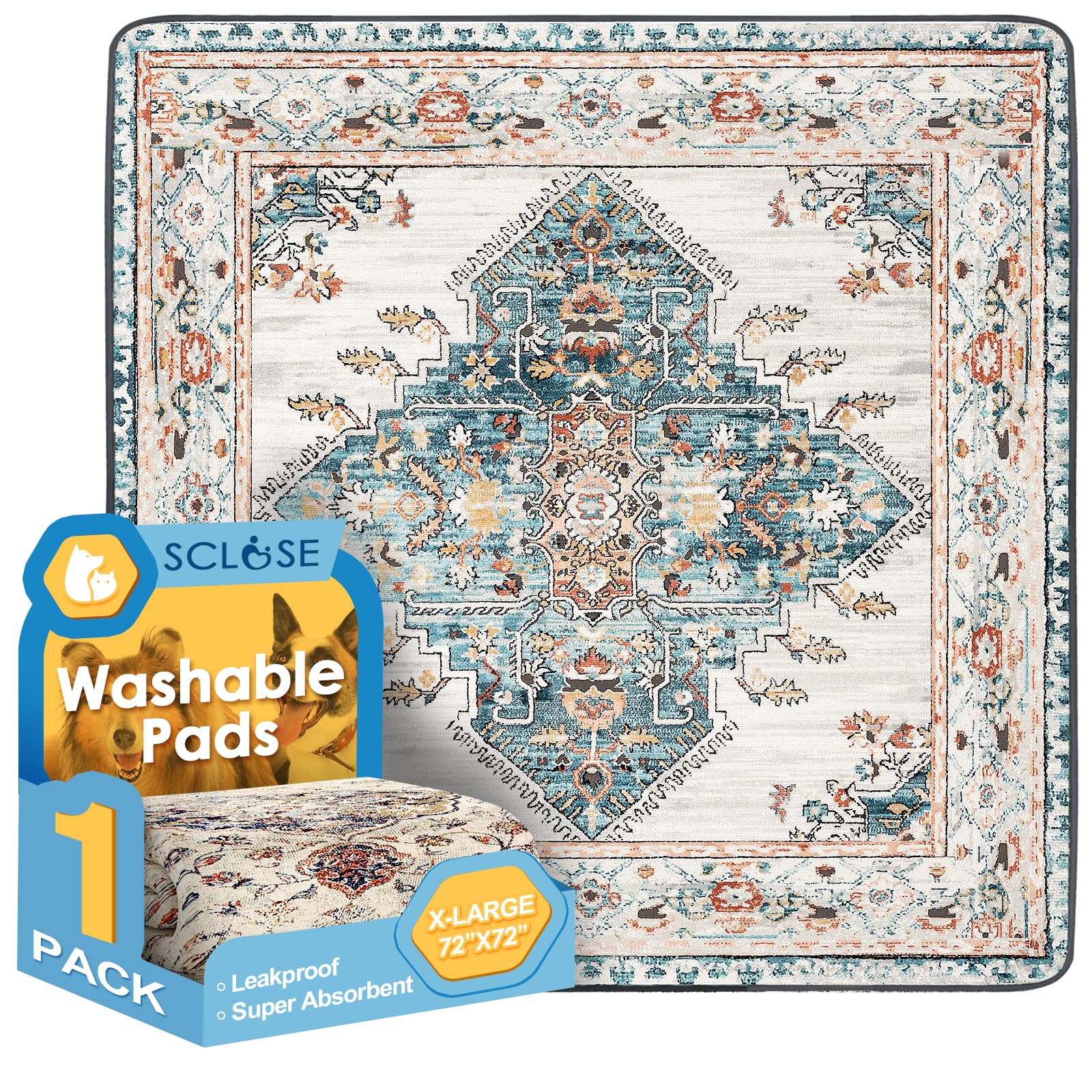 Photo 1 of SCLOSE Washable Pee Pad for Dogs Extra Large, 72" x 72" Reusable Puppy Pads Waterproof Dog Rugs, Super Absorbent, Leakproof, Dog Crate Pad, Playpen Mat, Whelping Pads, Blue Medallion