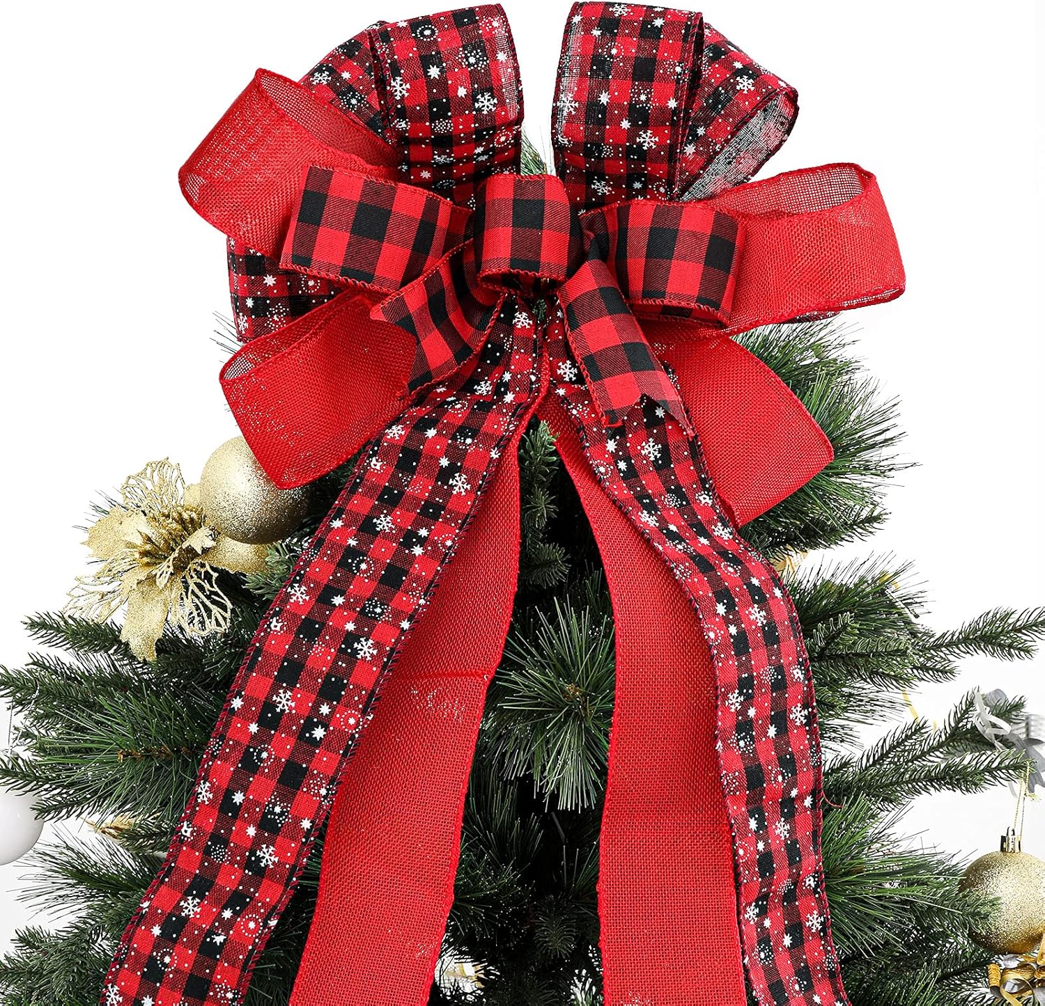 Bows & Ribbons - Whaline Christmas Bow Tree Topper Buffalo Plaid Xmas Large Bow with Snowflakes Red Black Handmade Decorative Bow for Christmas Tree Wreath Crafts DIY Bow Decoration Festival Holiday Party, 13 x 34inch